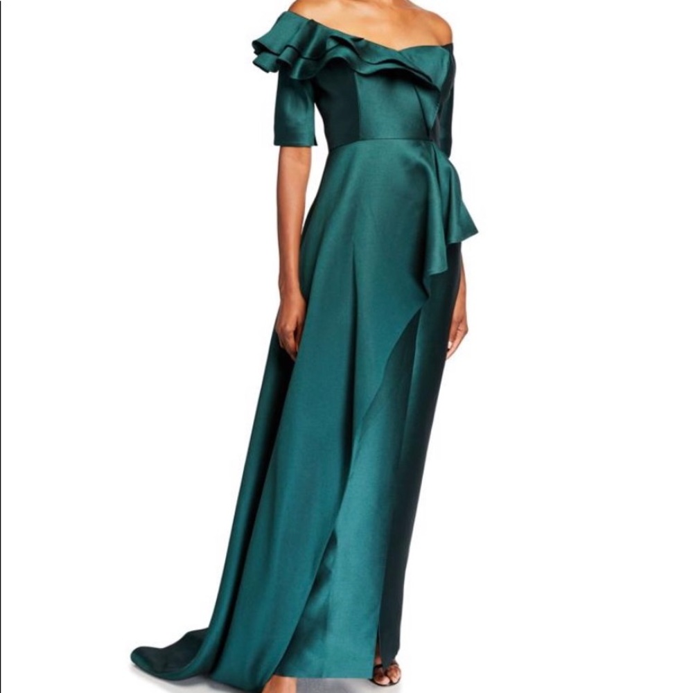 Rickie Freeman for Teri Jon Teal Off-Shoulder Ruffle Maxi Gown